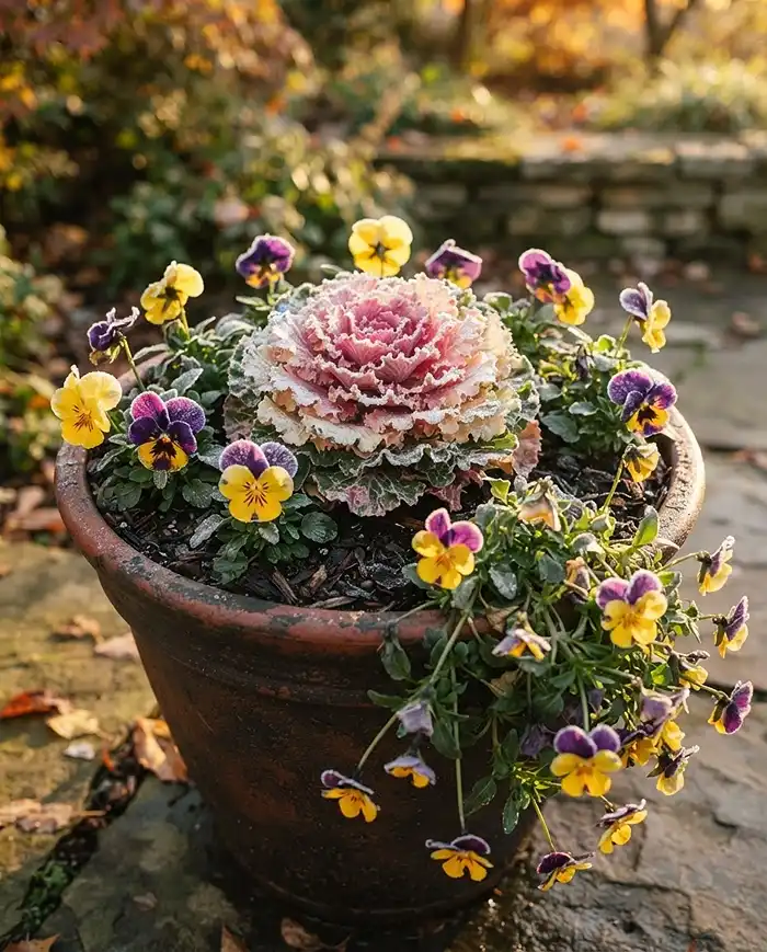 Ornamental Cabbage and Pansy Pots 3 Ruffled ornamental cabbage ringed by purple and yellow pansies in a resin pot, a frost‑ready ornamental cabbage and pansy pot.