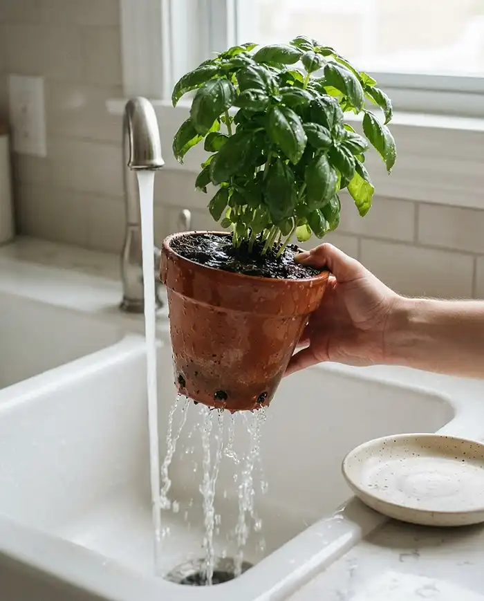 Running plain water through a potted basil in the sink until it drains, flushing salts from the soil between winter feedings.