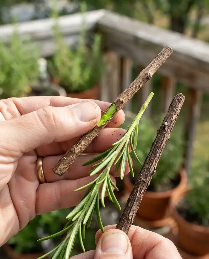 Scratch‑testing a rosemary stem to reveal green tissue, distinguishing safe new growth from old wood before pruning.