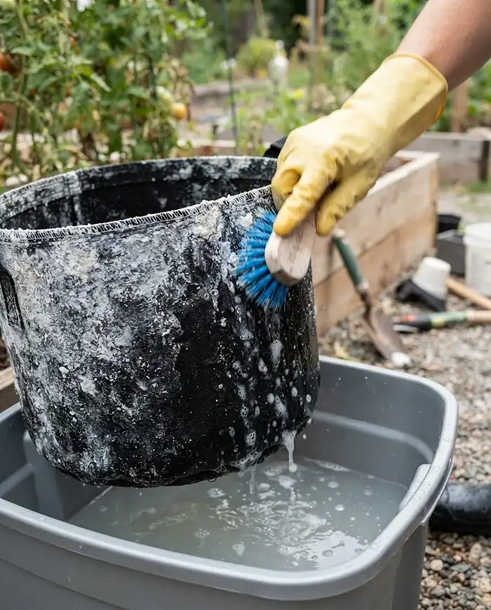 How to Store Grow Bags for Winter 5 Scrubbing a white fertilizer‑salt crust off a grow bag with a vinegar soak, fixing mineral buildup before winter storage