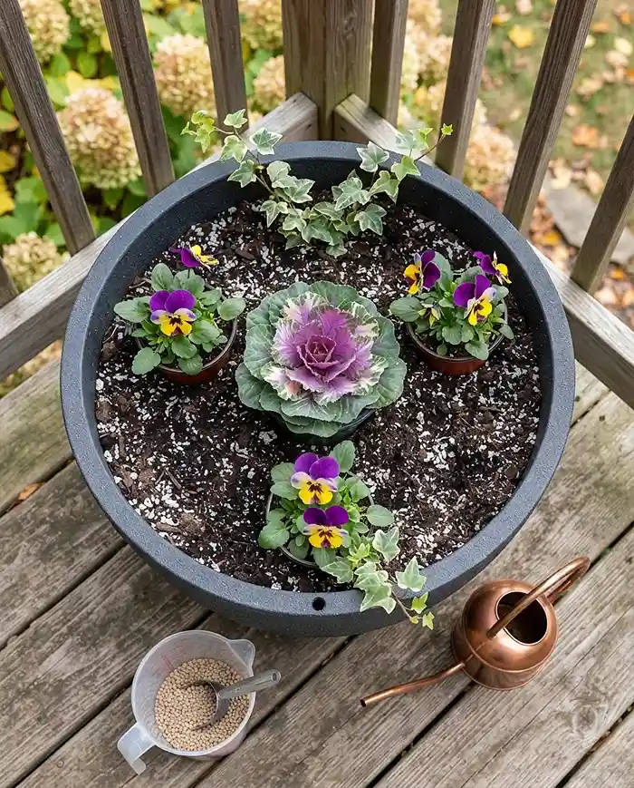 Ornamental Cabbage and Pansy Pots 4 Setting a central cabbage with pansies around it and trailing ivy at the rim in a pot, the thriller‑filler‑spiller fall planting layout.