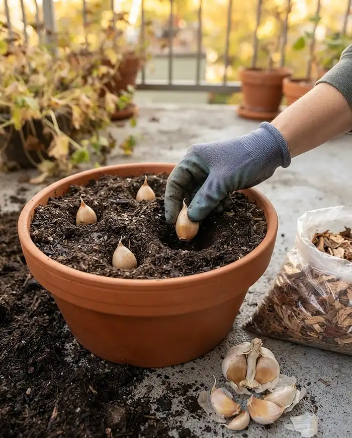 Setting garlic cloves pointed‑end up in a refreshed pot, a top non‑nightshade choice for what to plant after tomatoes in containers.