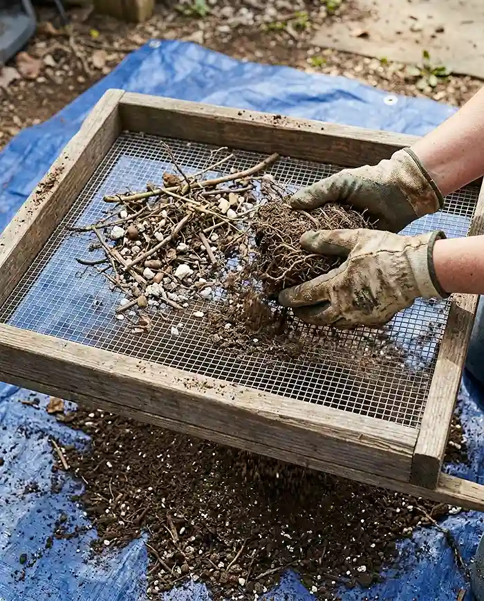 Shaking a rootball through a quarter‑inch screen to sift out roots and debris, the first step in how to refresh potting soil.
