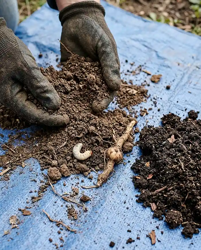 Sifting old mix to reveal a white grub and swollen root‑knot galls, checking whether potting soil is safe to reuse or must be tossed.
