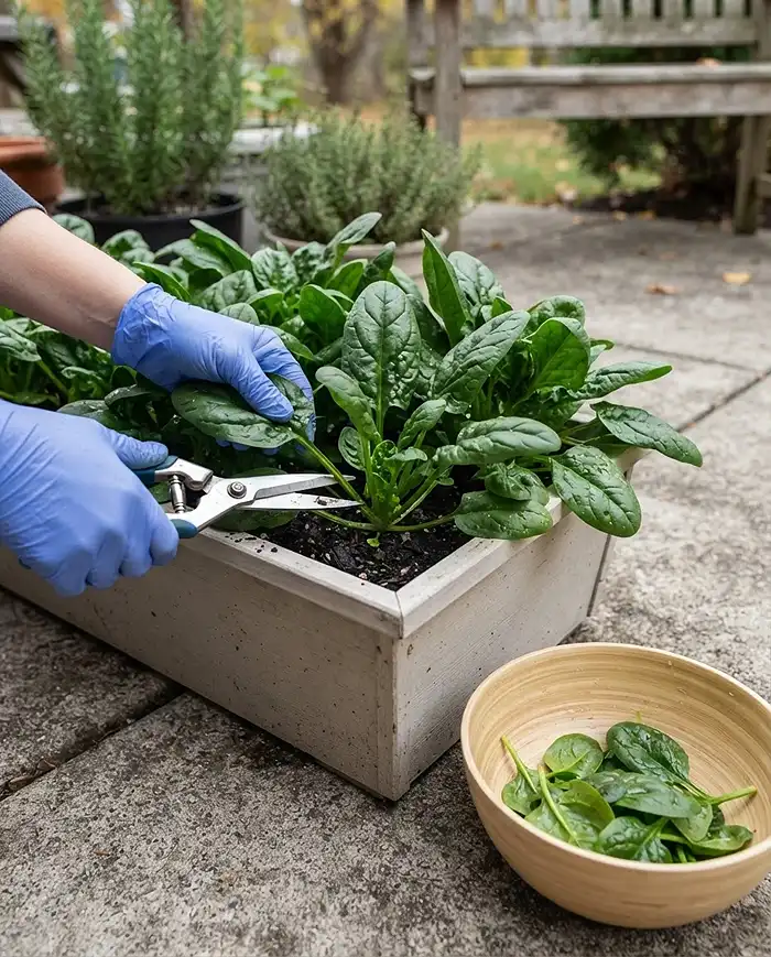 Snipping outer spinach leaves with scissors while leaving the inner crown, the cut‑and‑come‑again method for potted spinach
