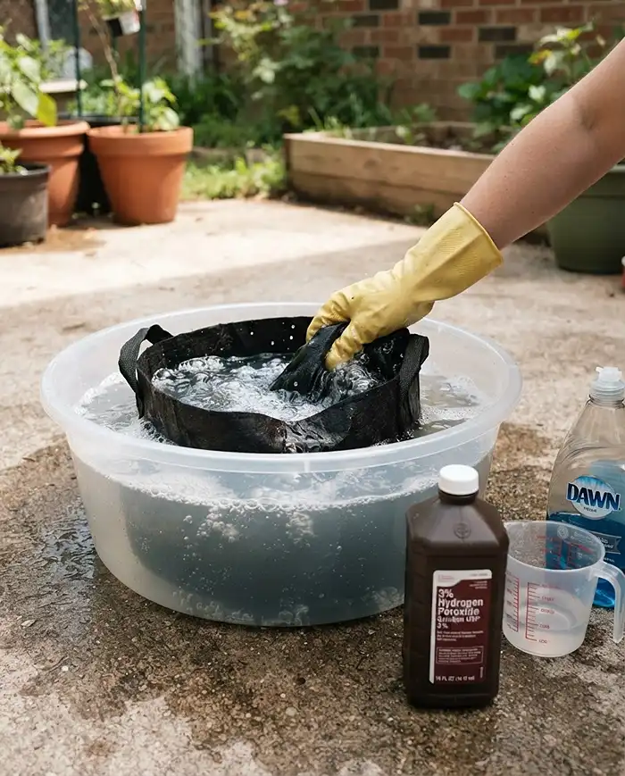 How to Store Grow Bags for Winter 3 Soaking an inside‑out grow bag in a peroxide‑and‑soap tub to kill pathogens, a key step in how to store grow bags for winter