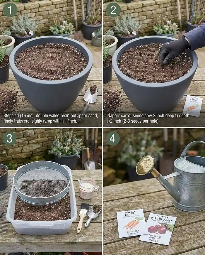 Winter Root Vegetables in Pots 4 Sowing carrot seeds in a staggered grid in sifted perlite‑sand mix with bone meal staged, direct‑sowing winter root vegetables in pots