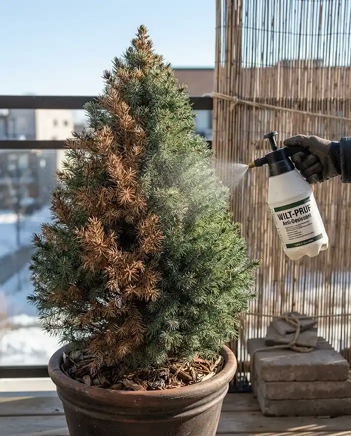 Winterize Balcony Garden 5 Spraying anti‑desiccant on a dwarf spruce with wind‑burned brown needles, protecting a balcony evergreen from drying winter wind