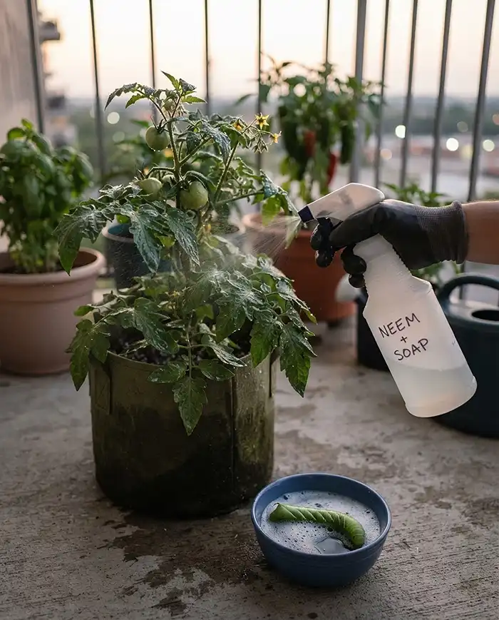 Spraying neem solution on tomato leaf undersides at dusk beside an isolated pot and a hornworm cup, applying organic sprays correctly.