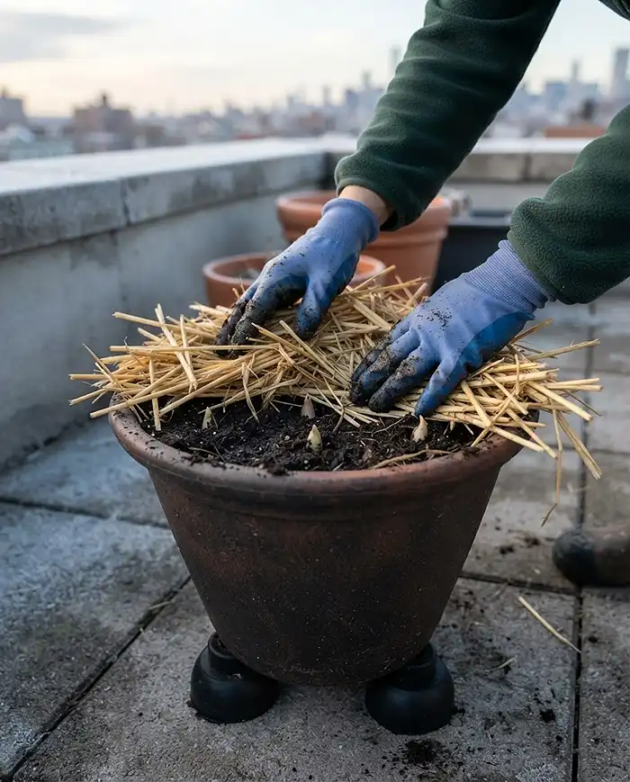Growing Garlic in Containers 4 Spreading 3 inches of straw mulch over a freshly planted garlic pot on pot feet, insulating cloves against winter frost heave