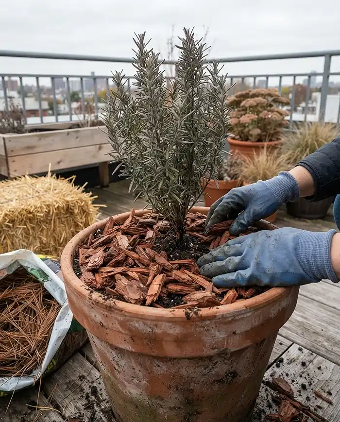 Mulching Potted Plants for Winter 3 Spreading chunky bark mulch with a bare one‑inch stem gap on a potted rosemary, the core step in mulching potted plants for winter