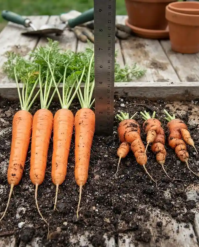 Container Depth for Vegetables 2 Straight carrots from a deep pot beside forked stubby carrots from a shallow pot, showing taproots hitting the container floor