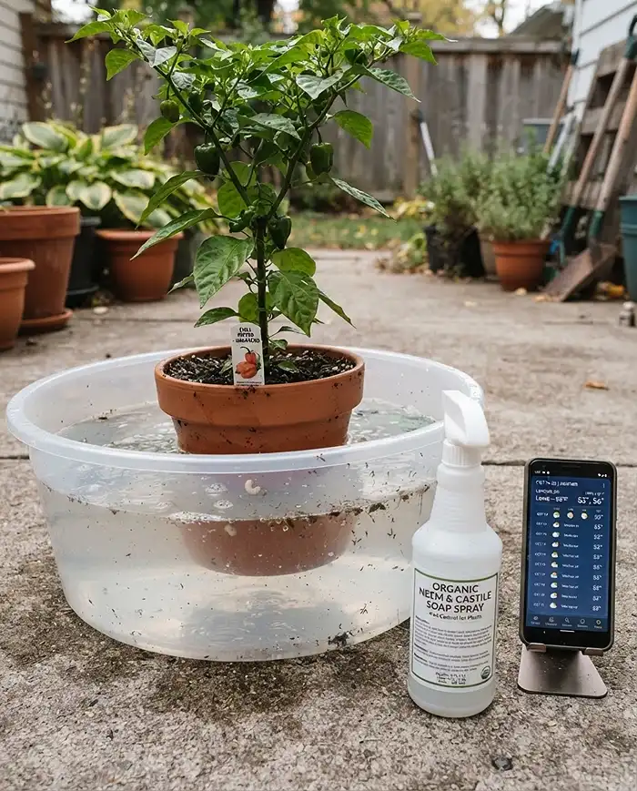 Overwintering Pepper Plants in Pots 2 Submerging a potted pepper root ball in water to float out grubs beside a neem spray, flushing pests before bringing plants indoors.
