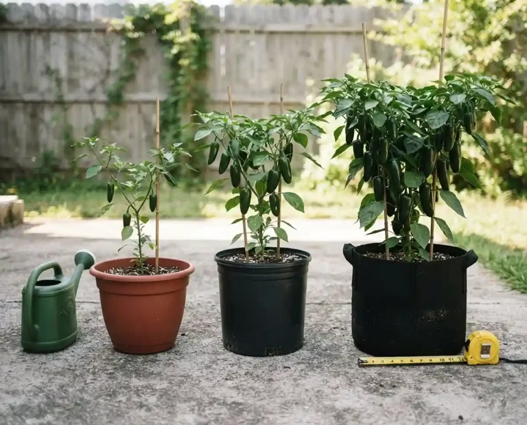 Three jalapeño plants in 3‑, 5‑, and 7‑gallon pots showing fuller growth with more soil, comparing pot size for peppers.