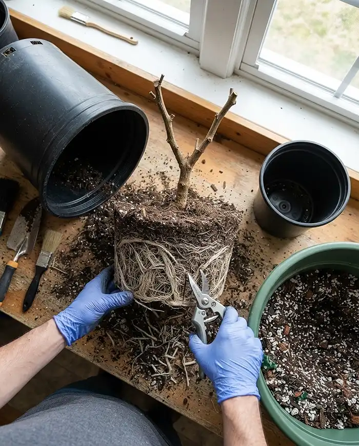 Overwintering Pepper Plants in Pots 4 Trimming the outer third of a pepper root ball before repotting into a small 2‑gallon pot of fresh mix, root pruning for dormancy.