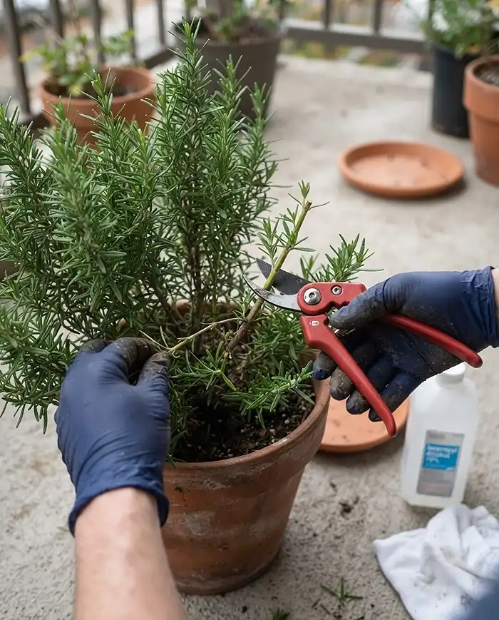 Trimming the top green growth and thinning interior branches of a potted rosemary with bypass pruners, how to prune herbs in fall