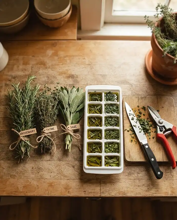 Twine‑tied herb bundles for air‑drying beside an olive‑oil ice cube tray of chopped herbs, preserving the final fall harvest