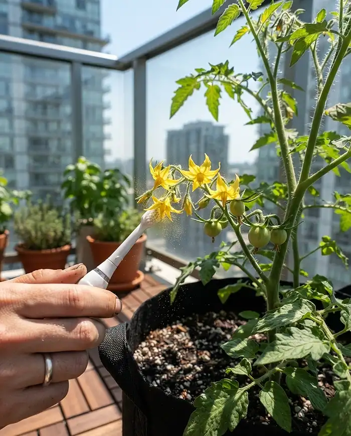 Vibrating a tomato flower cluster with an electric toothbrush to hand‑pollinate on a high balcony with no bees, setting fruit.