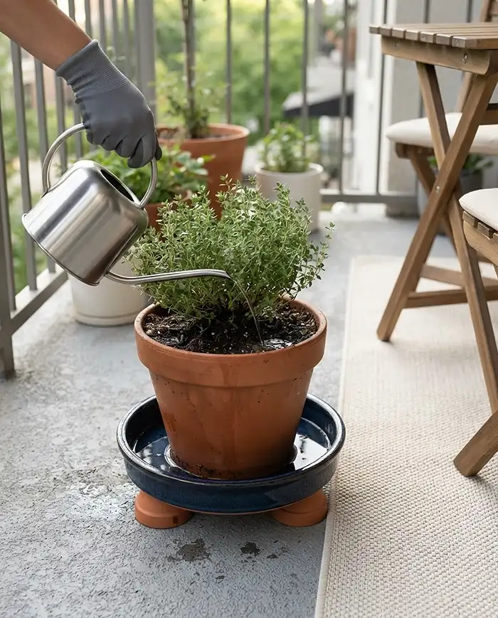 Watering potted plant in a deep drip tray on risers with a narrow‑spout can to keep the rug dry, protecting balcony dining furniture