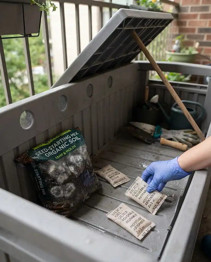 White mildew on a damp soil bag inside a bench being fixed with silica packets, vent holes, and an open lid, stopping musty odors.