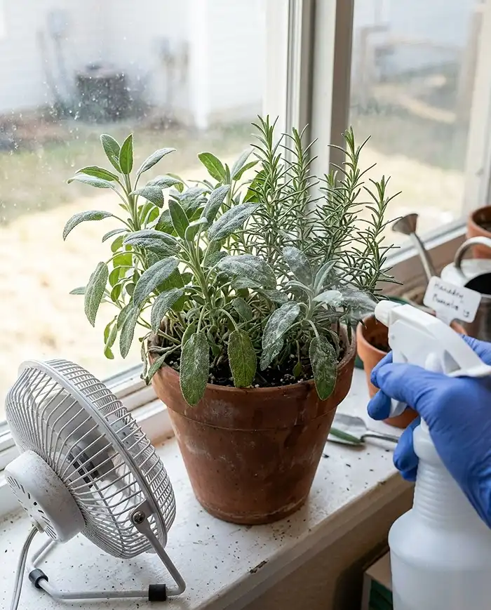 Why Indoor Herbs Die 5 White powdery mildew on crowded sage leaves being misted with neem oil beside a fan, treating fungus on stressed indoor herbs.