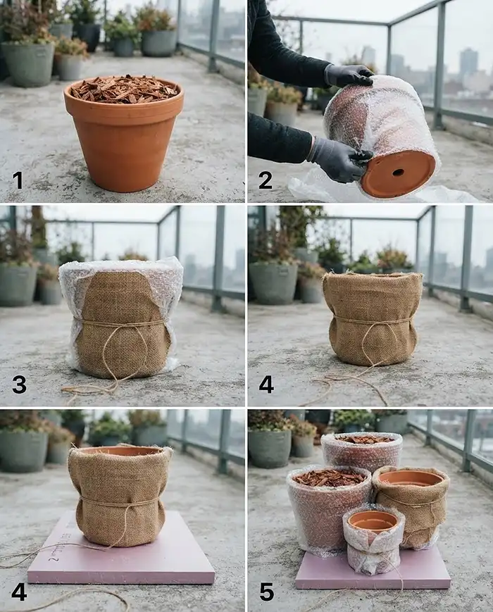 Mulching Potted Plants for Winter 4 Wrapping a mulched pot in bubble wrap and burlap and setting it on foam board, insulating container walls against winter cold