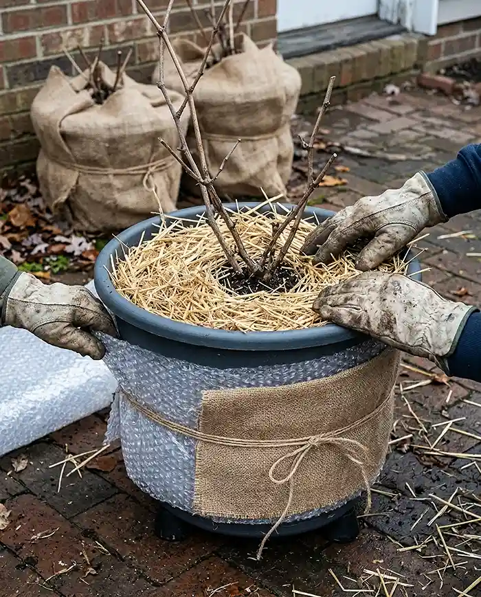Cold Hardy Vines for Pots That Survive Winter 4 Wrapping a pot in bubble wrap and burlap on feet and mulching the crown, winterizing a potted vine root ball against freezing.