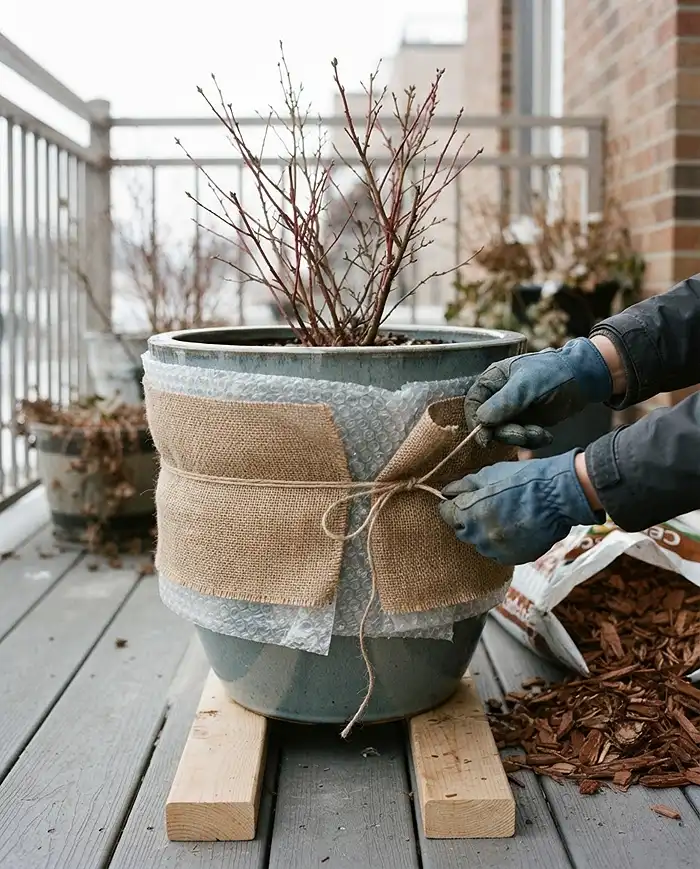 Winterize Balcony Garden 3 Wrapping a potted blueberry in bubble wrap and burlap tied with jute on a slat, a zero‑drill way to winterize balcony garden pots