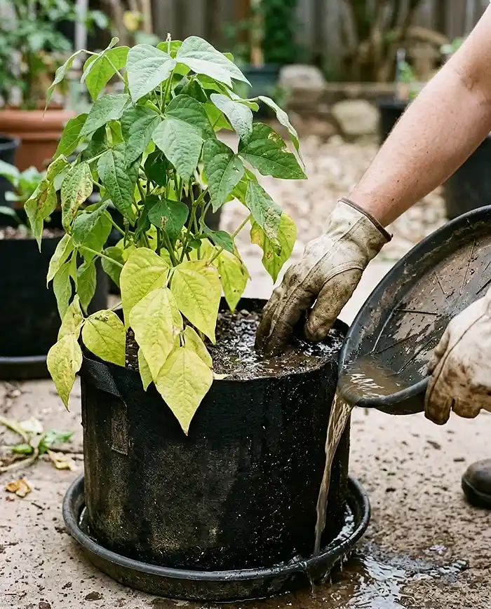 Best Beans for Containers 5 Yellowing drooping bean leaves from overwatering with standing water being emptied from the saucer, fixing root rot in a container