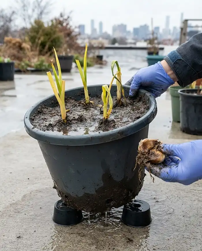 Growing Garlic in Containers 5 Yellowing garlic shoots in waterlogged soil and a rotted clove, lifting the pot onto feet to fix winter root rot from poor drainage