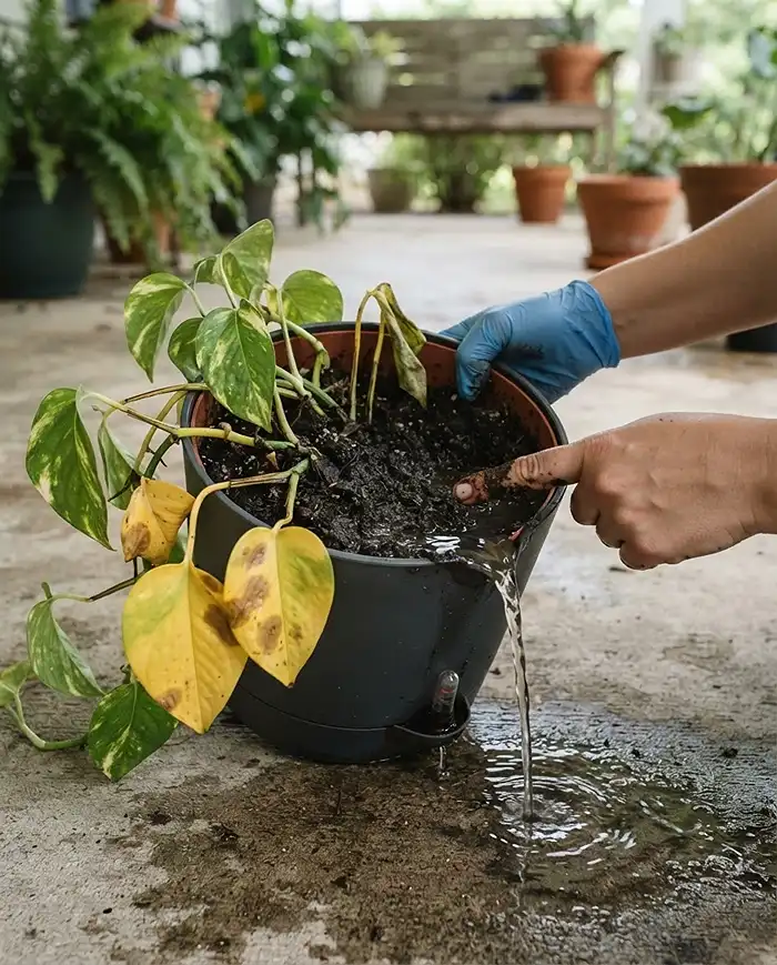 Yellowing mushy pothos leaves from overwatering with the reservoir being drained and a finger soil test, fixing root rot in a self‑watering pot