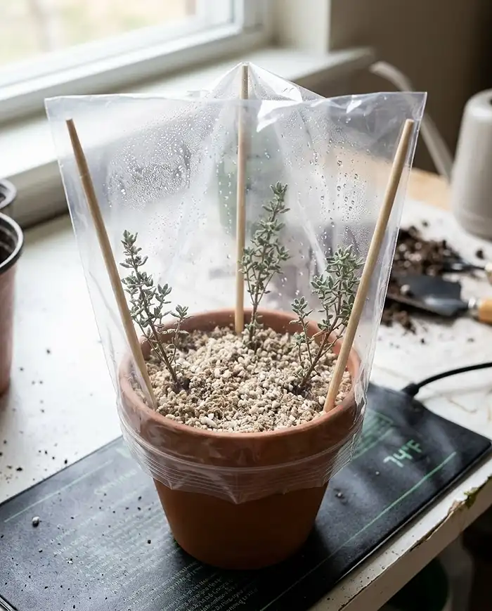 Rooting Herb Cuttings Indoors Before Winter Frost 4 a humidity dome over woody herb cuttings rooting in sterile mix