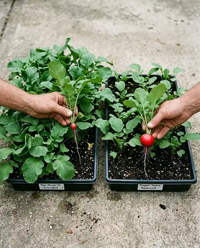all tops no bottoms problem versus properly grown radishes in trays