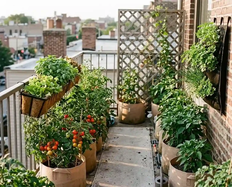 balcony vegetable garden built as a productive micro urban farm with fabric grow bags and railing boxes