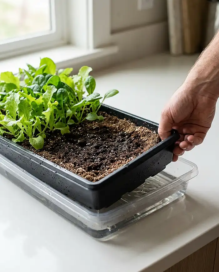 bottom watering indoor winter greens in dry heated air