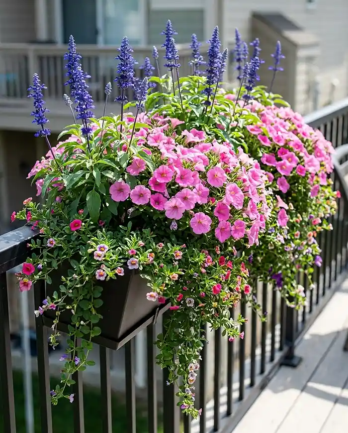 cascading petunia, calibrachoa, and verbena railing boxes in full sun