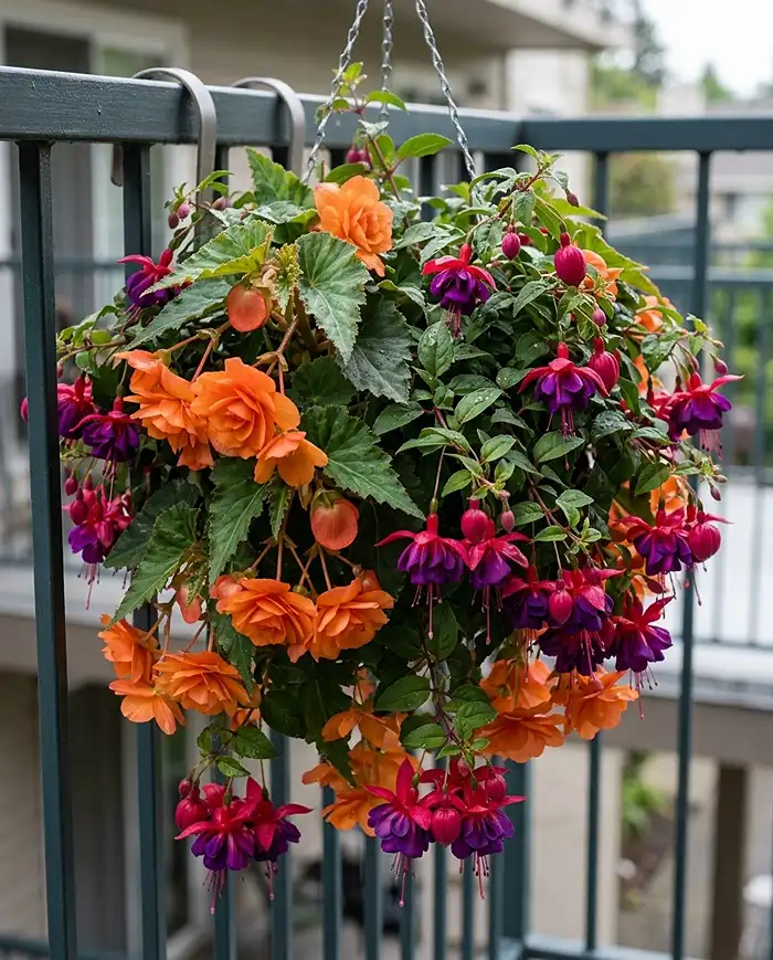 North Facing Balcony Plants: 10 Ideas Beyond Ferns 3 cascading trailing begonia and fuchsia hanging baskets on a north-facing balcony