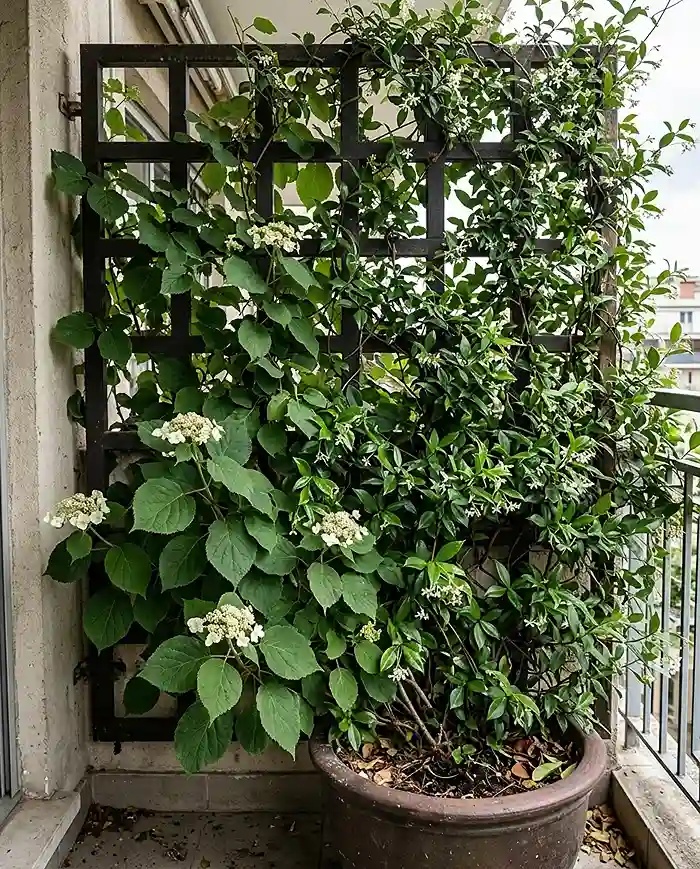 North Facing Balcony Plants: 10 Ideas Beyond Ferns 8 climbing hydrangea and star jasmine privacy screen on a balcony trellis