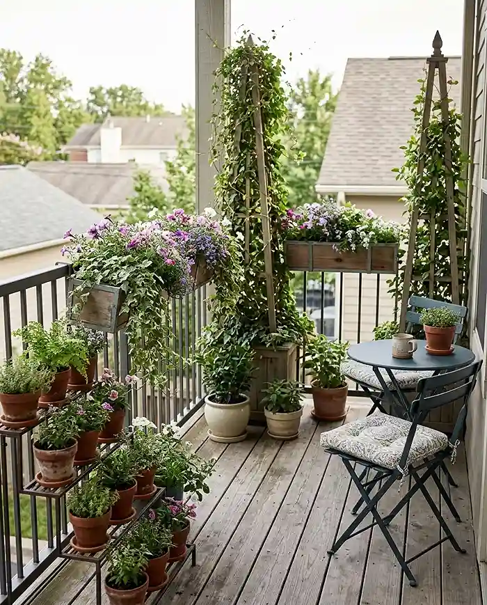 controlled abundance layout on a cottage garden balcony with obelisks, tiered stand, and bistro seating