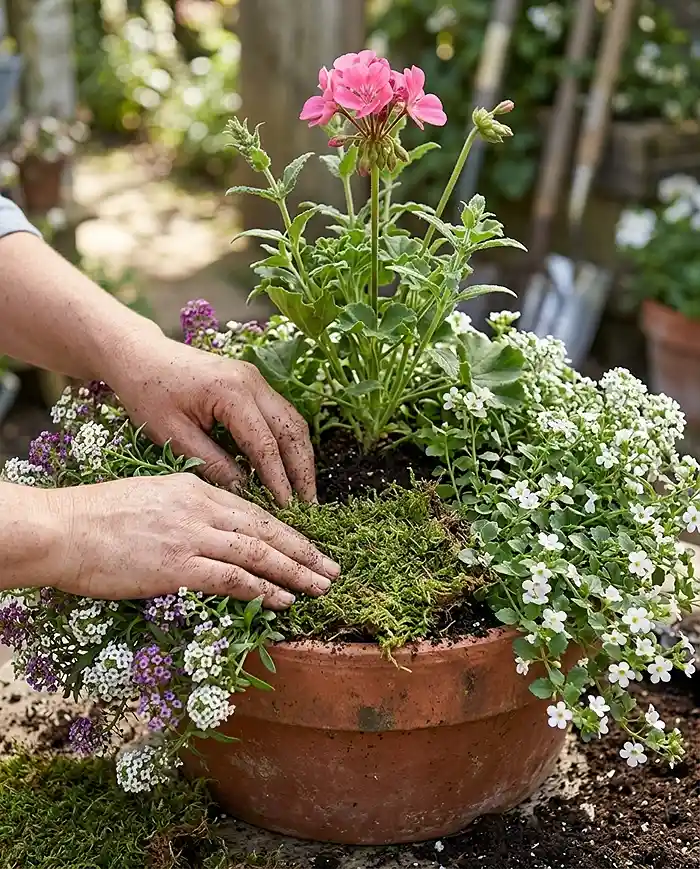 cottage weave planting technique arranging interwoven blooms in a terracotta pot