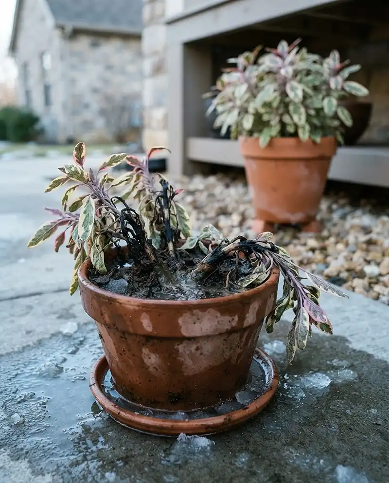 crown rot at the stem base of potted sage from waterlogged frozen soil.