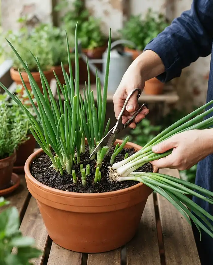 Growing Green Onions in Pots 4 cut-and-come-again harvesting of green onions in a pot.