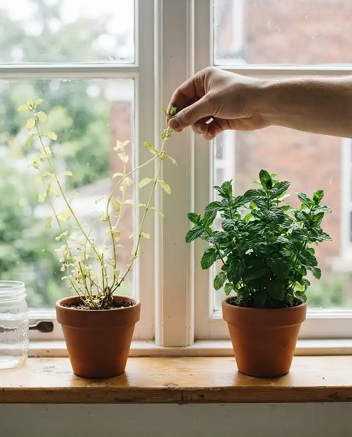 diagnosing leggy stretched mint from too little winter light