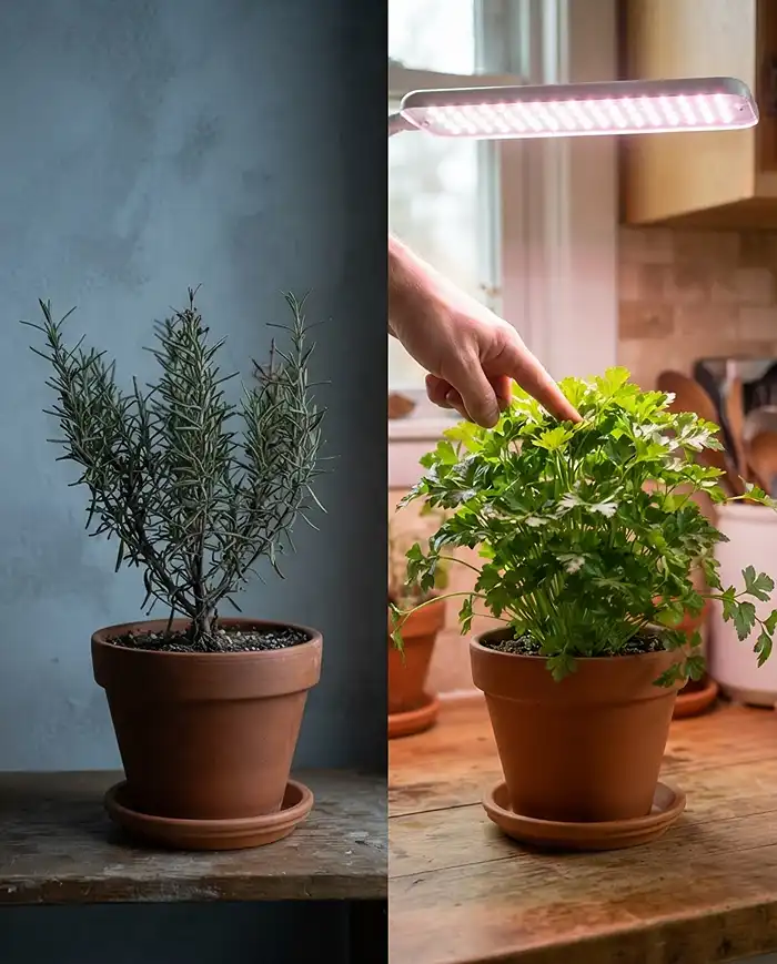 dormant cool‑room rosemary beside an actively growing parsley under a grow light, diagnosing which winter herbs to feed