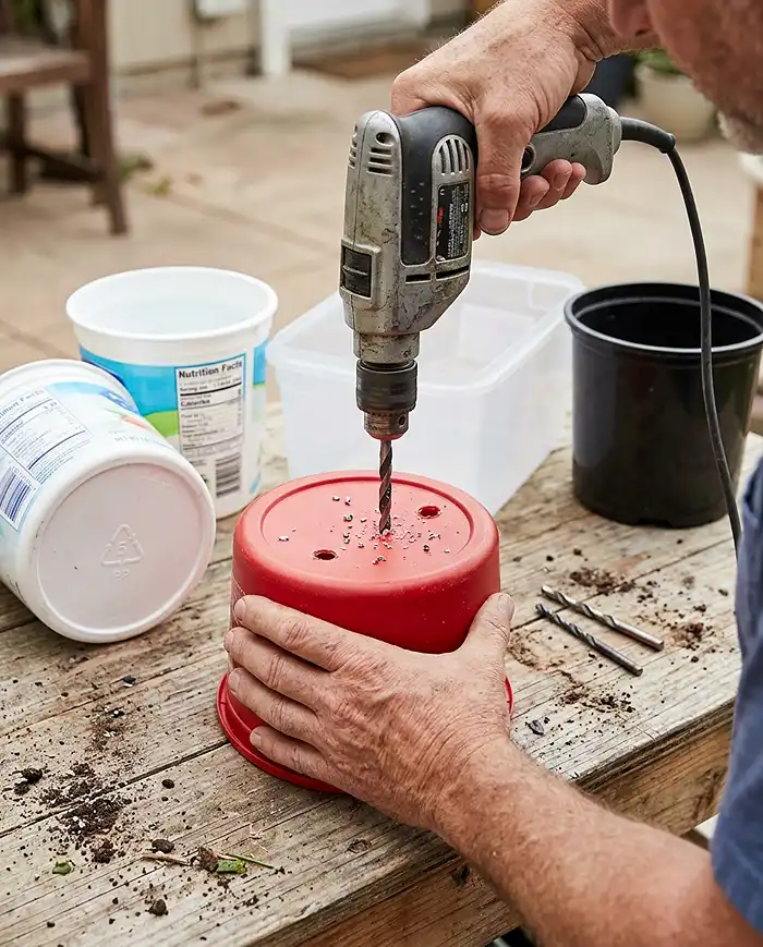 Budget Small Garden Ideas 4 drilling drainage holes in upcycled tubs for a budget small garden