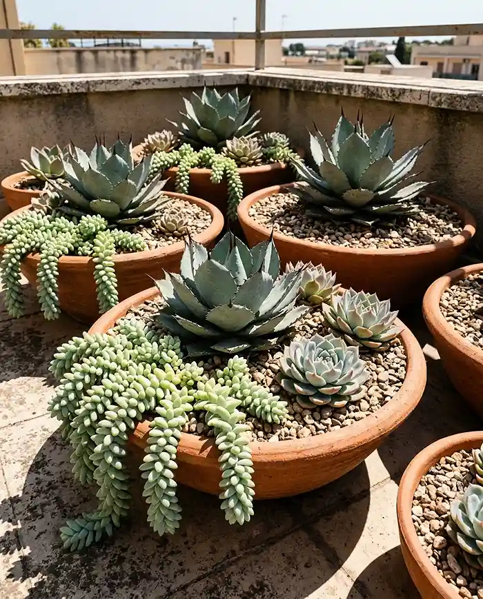 drought-tolerant succulent and agave display in terracotta bowls on a sunny balcony