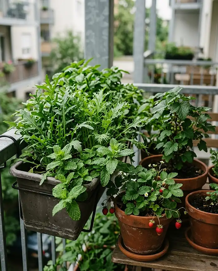 North Facing Balcony Plants: 10 Ideas Beyond Ferns 6 edible shade balcony with leafy greens, alpine strawberries, and forest berries