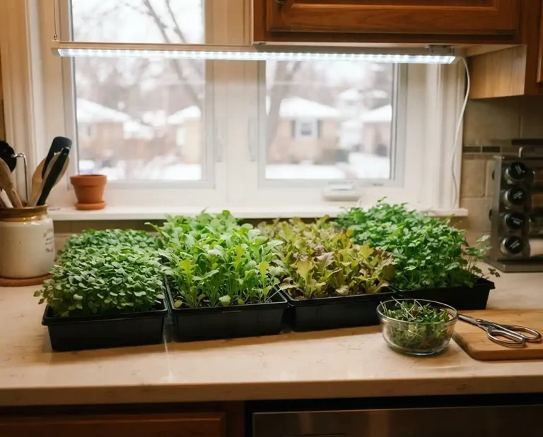 fast growing herbs from seed in kitchen trays under a grow light