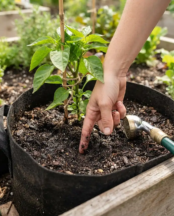 finger test for deep infrequent watering in a beginner vegetable garden