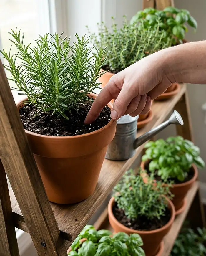 finger test watering herbs across the tiers of a ladder shelf